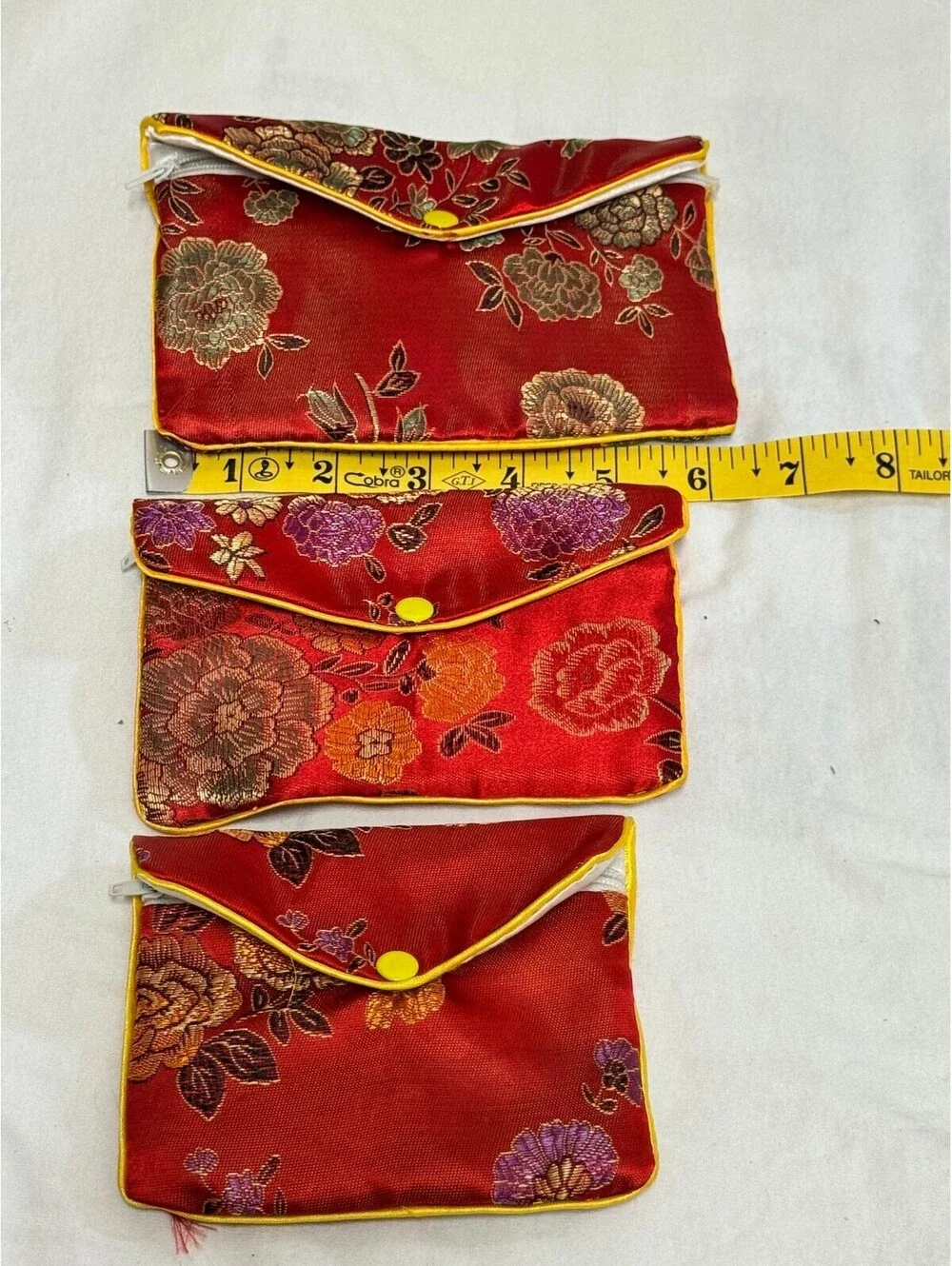 Chinese Brocade Silk Nesting Jewelry Pouches Set of 3 Red Floral Envelope